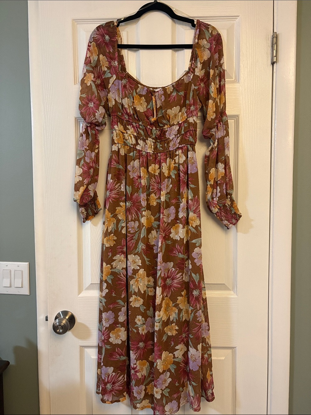Lush Brown Floral Maxi Dress with Pink & Mustard Blooms